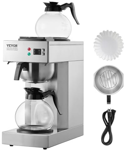 VEVOR Cafetera de Goteo Comercial de 12 Tazas Cafetera con 2 Jarras de Vidrio 1,8 L y 2 Placas Calentadoras Cafetera de Acero Inoxidable para Restaurante, Oficina, Cafetería, 205 x 405 x 455 mm