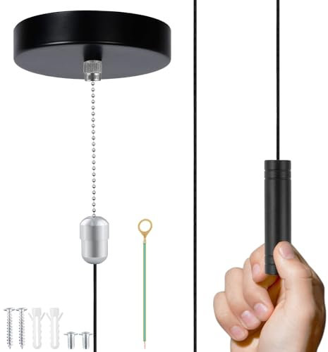 LongZYU Bathroom Light Pull Switch Black 2 Way Ceiling Switch Pull Cord and Fitting Kit 150cm Pull String Cylinder Ceiling Pendant Light Cord 6A Replacement for Bathroom Chandeliers Accessories