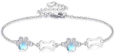 ONEFINITY Pfotenabdruck Armband 925er Sterlingsilber Mondstein Pfoten und Hundeknochen Armband Welpenpfotenabdruck Schmuck Geschenk für Frauen