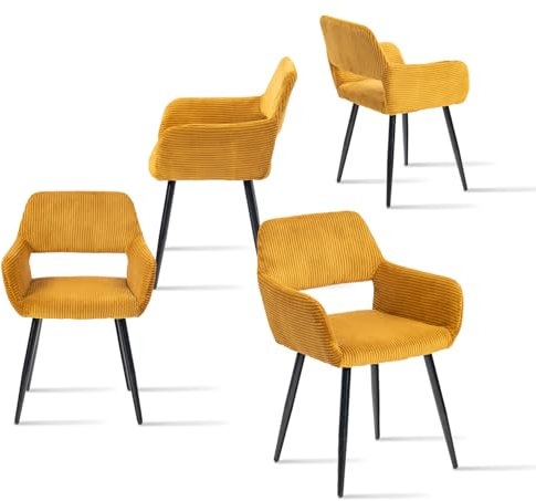 MEUBLE COSY Lot de 4 Chaises de Salle à Manger Scandinave Fauteuil Assise Rembourrée en Velours Côtelé Pieds en Métal pour Cuisine Salon Chambre Bureau, Jaune