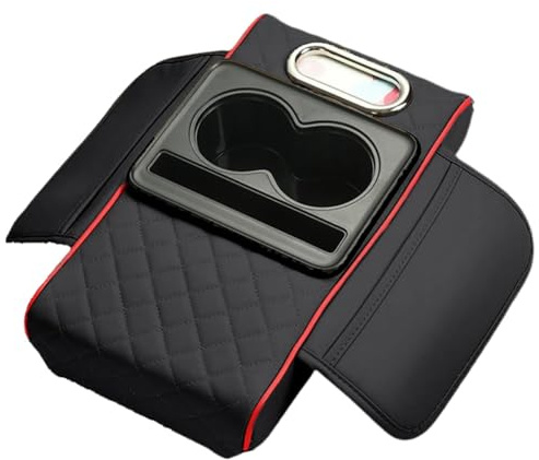 Car Pu Leather Armrest Covers Pad With Cup Holder, for Audi Q3 8U 2011-2018 Interior Protection Accessories,D-Black Red