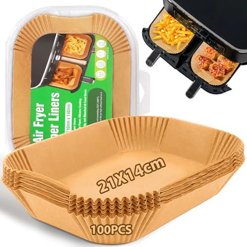 HUMTEOXI Papel para Freidora de Aire Doble, 100 Piezas 21x14cm papel air fryer rectángulo,Molde Papel Desechable Antiadherente con Cecotec/Masterpro/Ninja AF300EU/ AF400EU