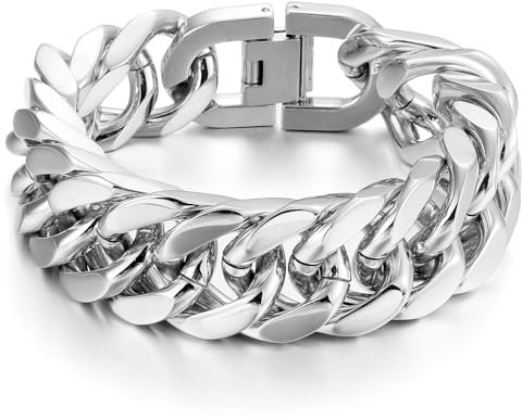 RWQIAN Armband Herren Silber Edelstahl Panzerkette Armbänder 17mm Männer Kubanische Armband 20cm Gliederarmband Geschenke für Papa Sohn Bruder Ehemann