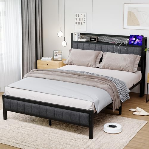 ARFARLY Bett 120x200 mit Lattenrost aus Metall, Bettgestell 120x200 cm Jugendbett 120x200 mit Kopfteil & Ladestation(2 AC-Steckdosen& 1 USB-Anschlüsse) Jugendbett