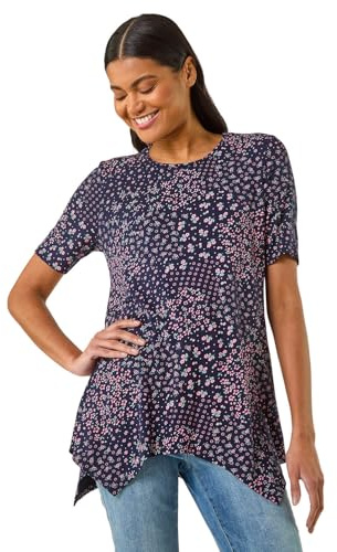 Roman Originals Hanky Hem Tunic Top for Women UK - Ladies Longline Blouse Asymmetric Hemline Short Sleeves Casual Slouch Loose Summer Spring Relaxed Comfortable - Plum Floral - Size 16