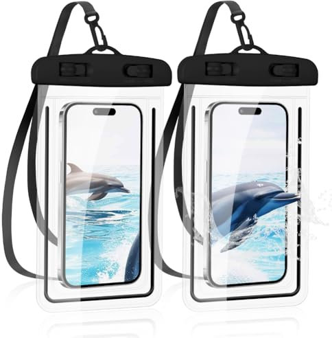 DiULi Custodia Universale per Telefono Impermeabile, 2PCS IPX8 Cover Subacquea, Porta Telefono Impermeabile Mare con Cordino per iPhone 16 15 14 Pro 13 12 Pro XR, Samsung, Huawei, Xiaomi(Nero)