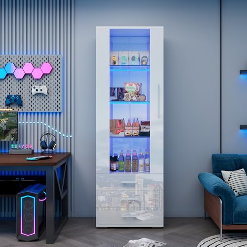 Soweiz Hochglanzvitrine, Aufbewahrungsschrank Glasvitrine Standvitrine mit LED-Beleuchtung, Vertikale Vitrine mit 3 Schubladen, 60x35x180cm (Weiß)