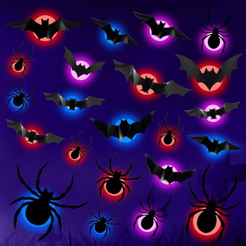 Lets Joy 12 Stück LED Halloween Fledermäuse, 10 Stück Fledermaus, Halloween leuchtende Deko, 3D Dekoration Wandaufkleber mit LED, Party Garten Fensterdeko Wohnzimme