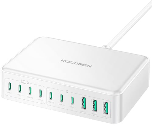 Rocoren 480W GaN USB C Ladegerät Mehrfach 10-Port USB Ladestation PD 100W PPS 4-Laptop Schnellladegerät, Charging Station Multiport Kompatibel mit MacBook Pro/Air, iPh0ne, HP, Galaxy S25 Ultra Weiß