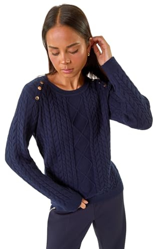 Roman Petite Button Cable Knit Jumper for Women UK - Ladies Everyday Autumn Winter Round Neckline Comfy Soft Evening Vacation Work Party Night Out - Petite Navy - Size 16