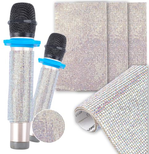 CREATCABIN 3Pcs Mic Handle Cover Rhinestone Microphone Sleeve Self-adhesive Bling Crystal Sheet Stickers Glitter Diamond Gems Wireless Mic Body Covers for Disco Stage Party TV Show Scrapbook 7.9x4.7in