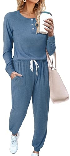 Magritta Lounge Wear Sets for Women Button Down Plain Tracksuit with Pocket Plus Size Co-ord Set Long Sleeve Tops and Wide Leg Joggers Ladies Fashion Clothes 2 Piece Outfits Blue Large, 16-18