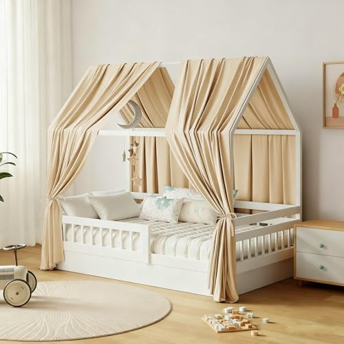 GFCC Ciel de Lit Cabane Ensemble de Décoration 2 Pièces125 x 350 cm Beige | Rideaux Lit Cabane Enfant Baldaquin Ciel en Tissu de Maison Chambre pour Fille Garçon