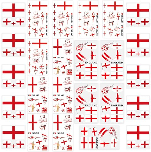 25 Sheets England Flag Temporary Tattoos, St Georges Cross Tattoo Transfer Stickers for Football Sporting Events Football Celebration Party St. George’s Day Decorations