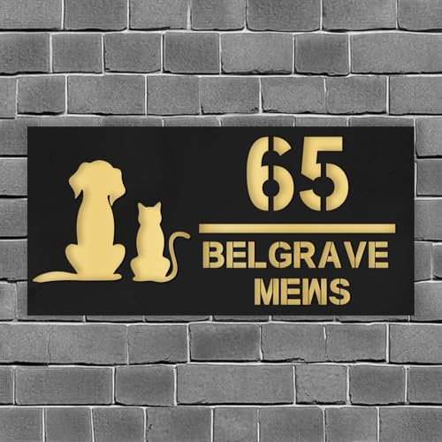 Número de casa acrílico personalizado, Negro y dorado | Con número de casa y nombre de calle, Placa de puerta acrílica moderna, Para puerta, buzón, hogar y patio