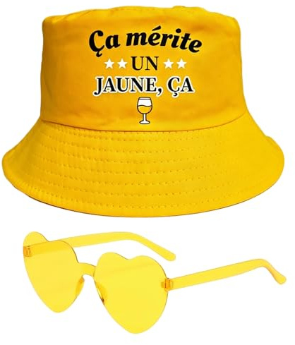 AHEZQILU 2 Pièces Cadeau pour Pastis Club Bob Jaune, bob homme et Lunettes de Soleil Jaunes, Cadeau Humour, pour Hommes Femmes Amis Fête Anniversaire Plage