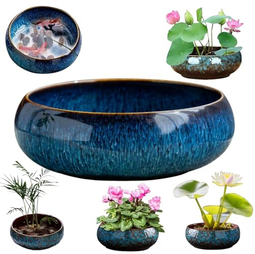 Fioriera a forma di loto, ciotola per fiori di loto, per piantare in acqua all'interno, vasi per piante grasse, vasi da fiori in ceramica per piante da interno, design a prova di perdite (blu)