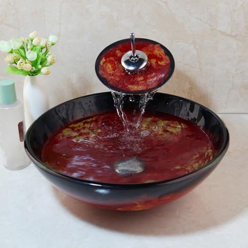 HM HomeMieco 16Tempered Glass Vessel Sink Bathroom Round Basin Sink Bowl Waterfall Faucet Combo Above Counter Red&Black