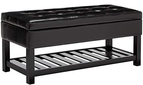 First Hill Damara Wood Storage Ottoman Bench with Open Bottom and Faux-Leather Upholstery, Jet Black