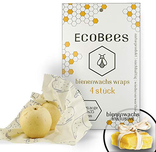 EcoBee Bienenwachs Wraps 4er Set Wachspapier L XL Große Wiederverwendbare Natürliche Frischhalte Tücher