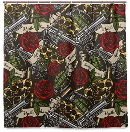 Wamika Revolvers Rosen Bänder Stoff Duschvorhang mit Haken Wasserdicht Home Badezimmer Gun Rot Blume Dekoration Bad Dekor Stoff Duschvorhang schimmelresistent 180 x 180 cm