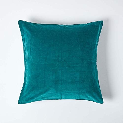 HOMESCAPES Housse de Coussin en Velours carrée 100% Coton uni Vert émeraude, 40 x 40 cm