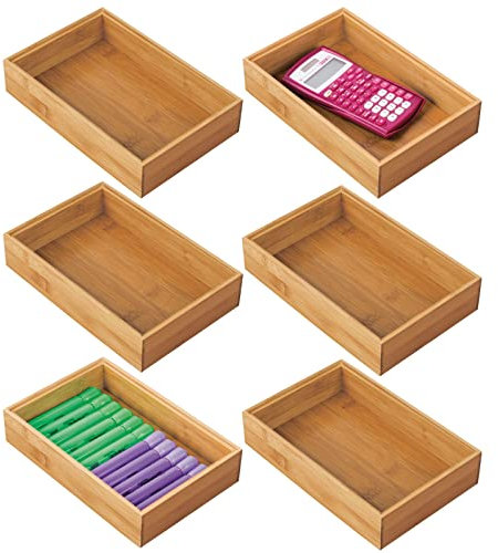 mDesgn 6er-Set Aufbewahrungsbox für Schreibtisch und Waschtisch – rechteckige Schubladenbox aus Bambus – hochwertiger Schreibtisch Organizer für Bürobedarf und Bastelsachen – naturfarben