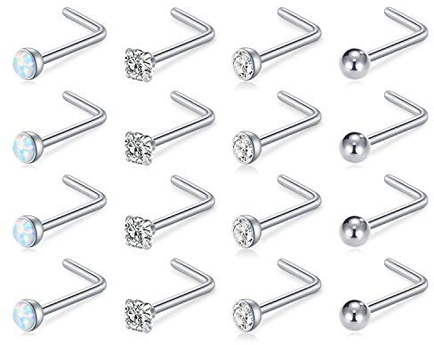 Incaton Edelstahl Nasenstecker L 1.0mm (18G) mit CZ Kugel 1.5/2/2.5/3mm Silber - Nasenpiercing Stecker für Damen & Herren
