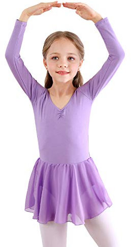 Ragazza Balletto Leotard Vestito Danza Tutu Body Ginnastica Manica Lunga con Chiffon Gonna Viola 150
