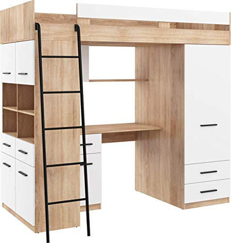 Hochbett mit Schreibtisch, Schubladen, Kleiderschrank und Bücherregal - Platzsparendes Loftbett (120x206x188 cm) - Kinderbett 90x200 Bettgröße - Linke Leiter - LEVEL (Eiche Sonoma/Weiß)
