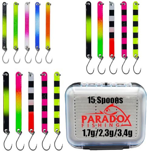 Paradox Fishing Lot de 15 cuillères à truite - 5 x 1,7 g/2,3 g/3,4 g - Pour la pêche à la truite, la pêche à la truite, les appâts - Spoons (15 cuillères avec boîte)