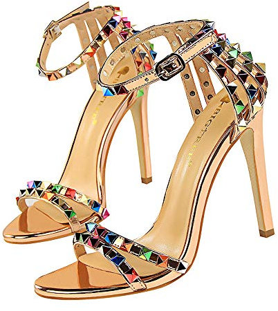 Kimigia Zapatos de Mujer, Sandalias de tacón Alto de Aguja con Punta Abierta y Correa de Tobillo Colorida para Fiesta, Club Nocturno, Regalo de cumpleaños, Altura del tacón 11CM