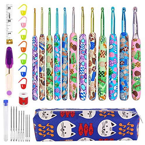 Viaky 36 Stück Häkelnadeln-Set, 12 Stück weiche Keramikgriff-Stricknadeln 2,25 mm - 8,0 mm, buntes Tiermuster, ergonomisches Häkelset für Anfänger, Strickliebhaber