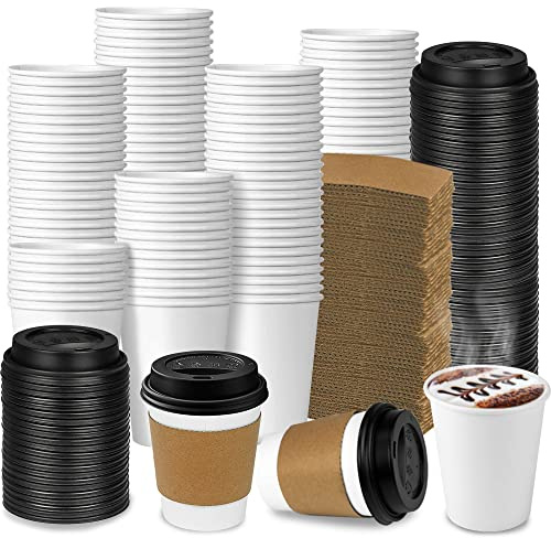 Ginkgo Lot de 100 Gobelets Jetables Tasses à Café Épaisses avec Couvercles et Manches pour Boissons Chaudes – Parfaites pour le Café Chaud, le Cacao, etc