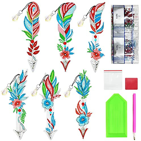Diamond Painting Lesezeichen Kinder Feder Personalisiert Bookmark Set Bookmarks for Reading 6 Stück 5D DIY Diamant Painting Feder Lesezeichen zum Basteln Book Marks Mädchen für Geschenk (Stil 2)