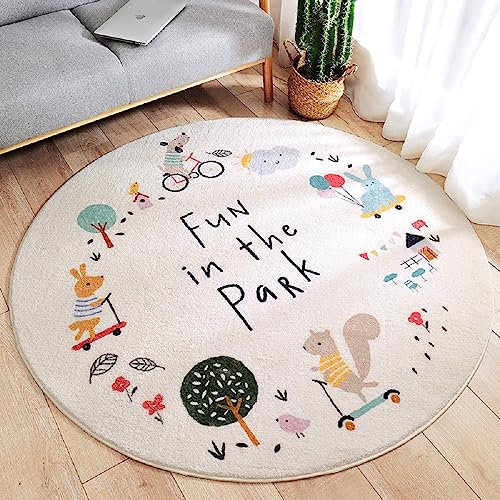 Sedefen Teppich Rund 100cm Kinderzimmer Mädchen Jungen Tiere Motive Weiß Bunt Kinderteppich Waschmaschinenfest rutschfest Babyteppich Flauschig Teppich für Schlafzimmer Wohnzimmer