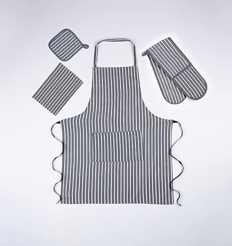 100% Cotton Heat Resistant Stripe Double Oven Glove Mitt for Home Kitchen Restaurant Hot Oven Pots Kitchen Tray Pans,Set of 4-Grey