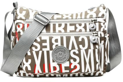 MINGZE Nylon Handtasche, Umhängetasche Damen Sportliche Schultertasche Wasserdicht(Khaki-Alphabet)