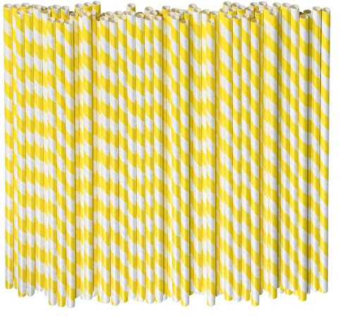 Pailles en papier jetables à rayures jaunes et blanches – 26 x 0,6 cm, 100 pièces, pour soda, jus, grandes bouteilles – 100% biodégradables