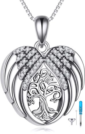 YAFEINI Lebensbaum Asche Anhänger Kette Sterling Silber Engelsflügel Urnen Andenken Halskette Memorial Kremation Schmuck für Männer Frauen Hund Katze