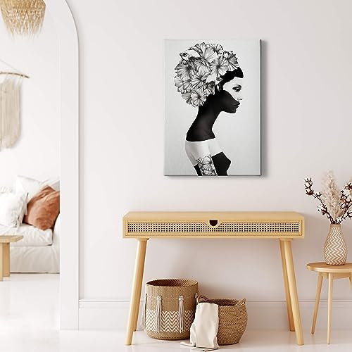 A.S. Création Leinwandbild Frau mit Blumen floral - Kunstdruck schwarz weiß - 50x70 cm Hochformat - moderne Wanddekoration Schlafzimmer Wohnzimmer Küche - Bild auf Keilrahmen