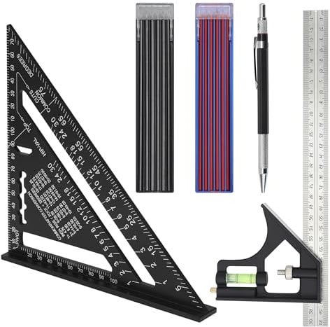 Escuadra Carpintero 180MM,Escuadra Combinada 300MM,Escuadra de Combinación Profesional,Juego de Lápices de Carpintero con 24 Recambios para Carpinteros, Techadores e Ingenieros