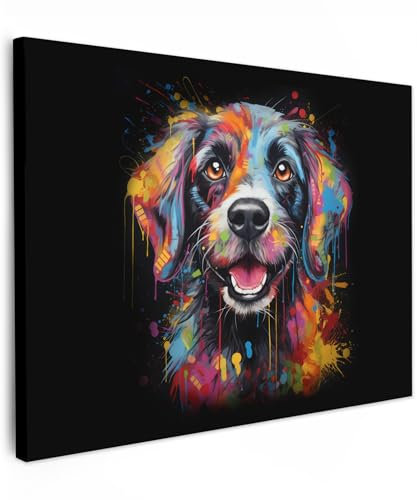 MuchoWow© Impressions sur Toile 80x60 cm Deco Tableau Murale Decoration Salon Peinture Tableaux Chambre Toiles Maison Graffiti - Chien - Noir - Couleurs - Banksy