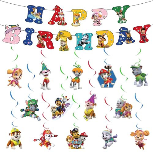 Chukua Geburtstag Deko Hund Patrol- Bunting Girlande Hängende Deko Geburtstag Banner Swirl Decorations Paw Dog Happy Birthday Banner Dekoration für Kinder Paw Dog Thema Party Deko