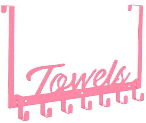 Azmoncy Over The Door Hooks, Towel Rack for Bathroom Towel Holder for Hanging Heavy Duty, Over Door Hanger with 7 Coat Hooks for Bedroom Bathroom Pool Kitchen, Bags(Pink)