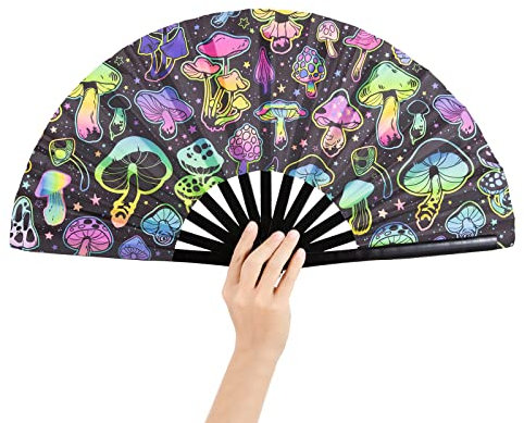 HJSSAA Folding Fans, Rave Folding Fan UV Glow Fan Mushroom Handheld Fans,Japanese Chinese Handheld Fan for Music Festivals, Carnival, Disco Party, Neon Party