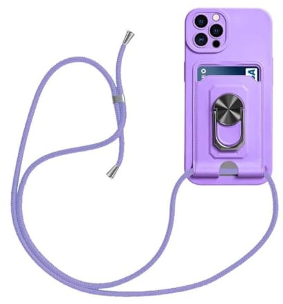 KK KENIK Case for iPhone 15 Pro Lanyard with Ring Holder Liquid Silicone Slim Fit Shockproof Protective Card Wallet with Adjustable Neck Strap Lanyard iPhone 15 Pro Cover Purple