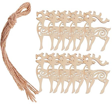 NUOBESTY 10 Stück Hirsch Anhänger Holzornamente Weihnachtsanhänger Holzausschnitte Weihnachts Holzhandwerk Hängeornament Holzanhänger DIY Bastel Hängeanhänger
