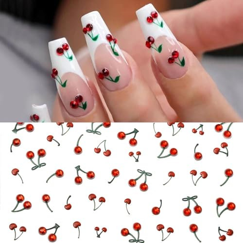 Irikdescia 2 PCS 5D Nagelsticker, Strass Kirschen Nail Art Sticker, Glitzernde Nagel Charms, Nagel Kunst Zubehör Kristall Kirschen Deko, Dekorative Nail Charms