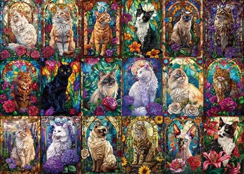 BUHAH Stained Glass Cat Puzzles for Adults 1000 Pieces Colorful Flower Art Jigsaw Puzzles Animal Collage Plant Floral for Decoration